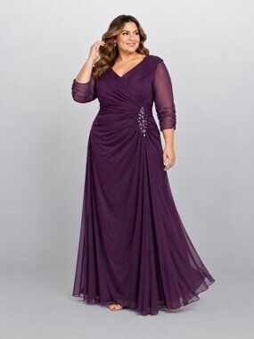 Alex Evenings Plus Size Portrait Collar Side Ruched Beaded Gown Eggplant 22W NWT